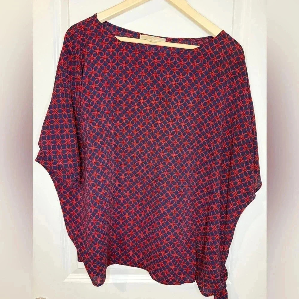 Michael Kors Blouse Size 1X  Blue Red Rope Floral Tie Knot Short Sleeve